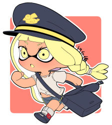 1girl bag bike_shorts blonde_hair blue_bag blue_hat blue_shorts boots braid chibi chibi_only clenched_hand colored_tongue commentary_request eyebrow_cut full_body grey_boots grey_shirt hat inkling inkling_girl inkling_player_character long_hair messenger_bag midriff_peek minamidena nintendo open_mouth outline peaked_cap pointy_ears shirt short_sleeves shorts shoulder_bag single_braid solo splatoon_(series) splatoon_3 tentacle_hair torn_clothes torn_shirt white_outline yellow_eyes yellow_tongue