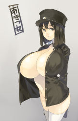 Rule 34 | 10s, 1girl, absurdres, akitsu maru (kancolle), black eyes, black hair, bottomless, breasts, cleavage, female focus, gigantic breasts, gradient background, hat, highres, kantai collection, military, military uniform, muneneko, no bra, no panties, open clothes, open shirt, shirt, solo, standing, thighhighs, uniform, white thighhighs