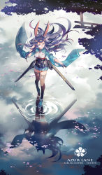 Rule 34 | 1girl, absurdres, anchor, animal ears, aqua eyes, azur lane, black hair, black thighhighs, breasts, character name, cherry blossoms, chrysanthemum, copyright name, flight deck, flower, forest, glasses, gloves, headgear, highres, japanese clothes, lingcat, long hair, looking at viewer, magatama, medium breasts, nature, partially fingerless gloves, partly fingerless gloves, petals, rabbit ears, reflection, single glove, skirt, smile, solo, souryuu (azur lane), thighhighs, torii, tree, water, yugake