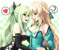 Rule 34 | 10s, 2girls, :d, ?, ??, bare shoulders, black dress, blonde hair, blue dress, blue eyes, blush, bra, braid, breasts, brown eyes, checkered background, cleavage, detached collar, detached sleeves, dress, eye contact, female focus, gayprince, gem, green hair, hair ornament, hakozaki chika, half updo, happy, heart, highres, holding hands, hug, imminent kiss, interlocked fingers, large breasts, long hair, looking at another, multiple girls, neptune (series), open mouth, ponytail, red eyes, shy, smile, speech bubble, spoken heart, sweat, underwear, vert (neptunia), yuri