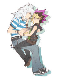Rule 34 | 2boys, belt, blonde hair, buckle, chain, chesha, converse, dyed bangs, finger to mouth, full body, long hair, looking at another, male focus, multicolored hair, multiple boys, muto yugi, pants, purple hair, shadow, shoes, silver hair, sitting, sitting on lap, sitting on person, sleeveless, sneakers, spiked hair, striped, two-tone hair, white background, yami bakura, yaoi, yu-gi-oh!, yu-gi-oh! duel monsters