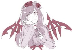 Rule 34 | 1girl, arm rest, atarashi coco, black wings, bubble tea, dress, drink, drinking straw, female focus, flower wreath, hand on own cheek, hand on own face, highres, holding, holding drink, long dress, long hair, looking at viewer, pink dress, see-through, see-through sleeves, shin subarashiki kono sekai, simple background, solo, spiked wings, subarashiki kono sekai, upper body, wings