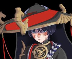 Rule 34 | 1boy, angry, black background, blood, blood on face, genshin impact, hair over eyes, hat, japanese clothes, male focus, scaramouche (genshin impact)