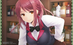 Rule 34 | 1girl, bartender, bottle, bow, bowtie, brown eyes, courreges ace, hand on own hip, highres, isuzu sayoko, leaning forward, light smile, looking at viewer, red hair, solo, sucre, wallpaper
