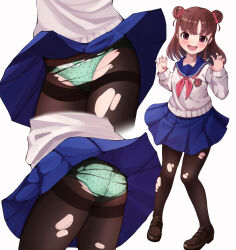 Rule 34 | 1girl, absurdres, ass, black footwear, black pantyhose, blue sailor collar, blue skirt, blush, bow, bow panties, brown hair, claw pose, clothes lift, commentary request, commission, crotch seam, double bun, emblem, green panties, grey sweater, hair bun, hair ribbon, highres, idolmaster, idolmaster cinderella girls, kotani (dainanumi), loafers, long sleeves, looking at viewer, medium hair, miniskirt, multiple views, munakata atsumi, neckerchief, open mouth, panties, panties under pantyhose, pantyhose, pantyshot, partial commentary, pleated skirt, polka dot, polka dot panties, purple eyes, red neckerchief, red ribbon, ribbon, sailor collar, school uniform, serafuku, shoes, simple background, skeb commission, skirt, skirt lift, smile, standing, sweater, thighband pantyhose, torn clothes, torn pantyhose, underwear, v-neck, variant set, wavy mouth, white background, wind, wind lift