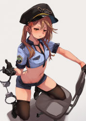 Rule 34 | 1girl, :t, between breasts, black footwear, black gloves, black hat, black shorts, blue shirt, boots, breast pocket, breasts, brown hair, brown thighhighs, chair, collared shirt, crop top, cuffs, embarrassed, frown, fu-ta, gloves, green eyes, hair ornament, hairclip, half gloves, handcuffs, hat, highres, long hair, looking at viewer, midriff, navel, necktie, office chair, original, pocket, police, police hat, police uniform, pout, shirt, shoes, short shorts, short sleeves, shorts, simple background, small breasts, solo, stomach, sweat, sweatdrop, swivel chair, thighhighs, thighs, twintails, uniform, usami taiga, v-shaped eyebrows, white background