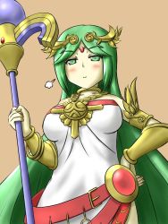 Rule 34 | &gt;:), 1girl, ancient greek clothes, armlet, belt, blush, breasts, chiton, choker, cowboy shot, dress, fingernails, forehead jewel, fume, gem, green eyes, green hair, holding, jewelry, kid icarus, kid icarus uprising, large breasts, long hair, matching hair/eyes, multiple belts, namaixy, necklace, nintendo, palutena, parted bangs, pendant, side slit, solo, staff, strapless, strapless dress, swept bangs, tiara, v-shaped eyebrows, vambraces, very long hair