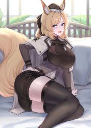Rule 34 | 1girl, absurdres, animal ear fluff, animal ears, arknights, armor, black bow, black hat, black shorts, black thighhighs, blonde hair, blue eyes, blush, bow, breastplate, breasts, cape, fang, feet out of frame, hair bow, hand on own hip, hat, highres, horse ears, horse girl, horse tail, kanta (kanta 077), kingdom of kazimierz logo, large breasts, looking at viewer, open mouth, shorts, sitting, sketch, skin fang, solo, tail, thighhighs, thighs, whislash (arknights), white cape