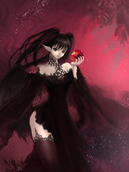 Rule 34 | 1girl, apple, bitten apple, black hair, black nails, down+down, dress, fingernails, food, food bite, fruit, goth fashion, holding, holding food, holding fruit, nail, nail polish, pale skin, pointy ears, red eyes, single wing, solo, thighhighs, twintails, wings