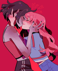 Rule 34 | 2girls, adventure time, colored skin, couple, closed eyes, face-to-face, frida (str8boykev), hand on another&#039;s head, highres, marceline abadeer, multiple girls, pink background, pink hair, pointy ears, princess bonnibel bubblegum, simple background, yuri