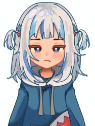 Rule 34 | 1girl, blue eyes, blue hair, blue hoodie, blush, closed mouth, commentary, drawstring, gawr gura, gawr gura (1st costume), grey hair, hair ornament, half-closed eyes, highres, hololive, hololive english, hood, hood down, hoodie, looking at viewer, multicolored hair, selena (summerainly), shark hair ornament, simple background, solo, streaked hair, two side up, upper body, virtual youtuber, white background