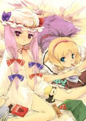 Rule 34 | 2girls, alice margatroid, barefoot, bed, blonde hair, blue eyes, blush, book, candy, female focus, food, looking at viewer, lying, mouth hold, multiple girls, on stomach, open clothes, patchouli knowledge, pocky, purple eyes, purple hair, sitting, touhou, yuu (kfc)