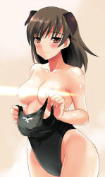 Rule 34 | 1girl, animal ears, blush, breasts, brown eyes, brown hair, censored, collarbone, convenient censoring, johanna wiese, kyogoku shin, long hair, looking at viewer, nipples, one-piece swimsuit, shiny skin, simple background, smile, solo, strike witches, swimsuit, topless, world witches series