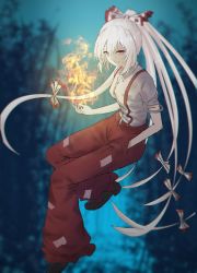 Rule 34 | 1girl, bad id, bad pixiv id, bamboo, bamboo forest, black footwear, blurry, bow, collar, collared shirt, commentary request, fire, forest, fujiwara no mokou, grin, hair between eyes, hair bow, hand in pocket, highres, long hair, looking at viewer, nature, night, pants, ponytail, red eyes, red pants, shirt, short sleeves, smile, solo, suspenders, teraguchi, torn clothes, torn sleeves, touhou, v-shaped eyebrows, very long hair, white hair, white shirt