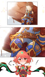 Rule 34 | 1boy, 1girl, absurdres, breasts, highres, japanese text, large breasts, nemu (ut kakinotane), pyra (xenoblade), red eyes, red hair, rex (xenoblade), short hair, translation request, xenoblade chronicles (series), xenoblade chronicles 2
