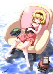 Rule 34 | 1girl, alice margatroid, alternate costume, armchair, bad id, bad pixiv id, bare legs, bare shoulders, barefoot, blonde hair, blush, book, book on lap, chair, closed eyes, dress, full body, gradient background, grimoire, grimoire of alice, hairband, haru-yua, lolita hairband, off shoulder, open book, shadow, short hair, signature, sitting, sleeping, solo, strap slip, sundress, touhou, yua (checkmate)