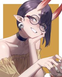 Rule 34 | 1girl, asymmetrical bangs, bare shoulders, blush, breasts, choker, chorogon, collarbone, cup, earrings, eyeliner, fate/grand order, fate (series), glasses, grin, highres, horns, jewelry, looking at viewer, makeup, off shoulder, oni, purple eyes, purple hair, round eyewear, shirt, short eyebrows, short hair, shuten douji (fate), skin-covered horns, small breasts, smile, solo, yellow shirt
