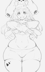 Rule 34 | 1girl, absurdres, cameltoe, clothes lift, curvy, gluteal fold, grey background, guilty gear, guilty gear strive, hat, highres, long sleeves, looking at viewer, may (guilty gear), navel, shirt lift, short shorts, shorts, sketch, smile, solo, stomach, thanuki, thick thighs, thighs, wide hips