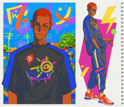 Rule 34 | 1other, abstract background, androgynous, blue eyes, buzz cut, car, colorful, freckles, full body, grey pants, grey shirt, grid background, hand in pocket, holding, looking at viewer, motor vehicle, multiple views, orange footwear, original, outdoors, oversized clothes, oversized shirt, pants, pontyk blya, power lines, print shirt, red hair, shirt, shoes, short hair, skinny, smile, sneakers, socks, track pants, tree, upper body, v-shaped eyebrows, very short hair, yellow socks