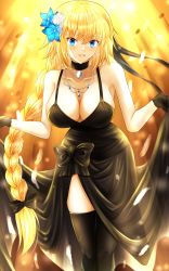 Rule 34 | 1girl, bare shoulders, black dress, black gloves, black thighhighs, blonde hair, blue eyes, blush, braid, braided ponytail, breasts, choker, cleavage, collarbone, dress, fate/apocrypha, fate/grand order, fate (series), flower, gloves, hair flower, hair ornament, heroic spirit formal dress, highres, ilsa34660285, jeanne d&#039;arc (fate), jeanne d&#039;arc (formal dress) (fate), jeanne d&#039;arc (ruler) (fate), jewelry, large breasts, long hair, looking at viewer, necklace, open mouth, smile, solo, thighhighs, thighs, very long hair