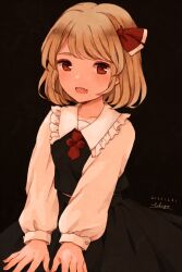 Rule 34 | 1girl, absurdres, blonde hair, blush, bow, collared shirt, commentary, fang, frilled shirt collar, frills, hair bow, highres, ichigo (ichigoxxusagi), long sleeves, looking at viewer, necktie, open mouth, red eyes, rumia, shirt, short hair, short necktie, skirt, skirt set, smile, solo, symbol-only commentary, touhou, vest