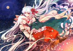 Rule 34 | 2girls, absurdres, bamboo, bamboo forest, bow, breasts, brooch, cloud, dress, ex-keine, closed eyes, forest, fujiwara no mokou, full moon, green dress, hair bow, highres, horn ornament, horn ribbon, horns, jewelry, juliet sleeves, kamishirasawa keine, large breasts, long hair, long sleeves, moon, multiple girls, nature, neckerchief, night, open mouth, pants, puffy sleeves, red eyes, ribbon, shirt, silver hair, sky, smile, suspenders, touhou, very long hair, yetworldview kaze