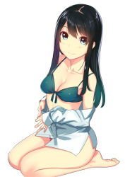 Rule 34 | 1girl, bare legs, barefoot, bikini, black hair, blue eyes, breasts, cleavage, closed mouth, gradient hair, green bikini, green hair, highres, kagematsuri, long hair, long sleeves, looking at viewer, medium breasts, multicolored hair, off-shoulder shirt, off shoulder, open clothes, open shirt, original, seiza, shirt, simple background, sitting, smile, solo, swimsuit, white background, white shirt