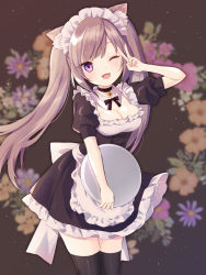 Rule 34 | 1girl, ;d, apron, bell, black choker, black dress, black thighhighs, blush, breasts, brown flower, brown hair, choker, cleavage, commentary request, dress, floral background, flower, frilled apron, frills, hand up, head tilt, highres, holding, holding tray, jingle bell, long hair, looking at viewer, maid, maid headdress, medium breasts, neck bell, one eye closed, open mouth, original, pink flower, puffy short sleeves, puffy sleeves, purin jiisan, purple eyes, purple flower, short sleeves, smile, solo, standing, thighhighs, tray, twintails, v, very long hair, waist apron, white apron, white flower