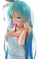 Rule 34 | 1girl, adjusting hair, aqua eyes, aqua hair, areola slip, bare shoulders, belt, bracelet, breasts, criss-cross halter, dress, hair down, hair ornament, hairclip, halterneck, hatsune miku, highres, jewelry, long hair, looking at viewer, medium breasts, mouth hold, necklace, nipples, no bra, papino, puffy nipples, solo, striped clothes, striped dress, upper body, vertical-striped clothes, vertical-striped dress, vocaloid, white background