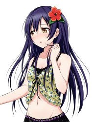 Rule 34 | 10s, 1girl, bare shoulders, blue hair, blush, breasts, brown eyes, cleavage, flower, hair flower, hair ornament, highres, long hair, love live!, love live! school idol festival, love live! school idol project, midriff, navel, open mouth, simple background, small breasts, solo, sonoda umi, suzushiro yukari