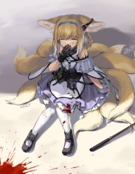 Rule 34 | 1girl, absurdres, animal ears, arknights, belt, black collar, black footwear, black gloves, blonde hair, blood, blood on clothes, blood on face, blue hairband, collar, covering own mouth, crying, dress, earpiece, fox ears, fox girl, fox tail, gloves, green eyes, hairband, highres, infection monitor (arknights), kitsune, kyuubi, material growth, multiple tails, nys, oripathy lesion (arknights), pantyhose, purple dress, short hair, single glove, single wrist cuff, sitting, solo, stick, suzuran (arknights), tail, utility belt, white pantyhose, white wrist cuffs, wrist cuffs