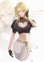 Rule 34 | 1girl, absurdres, black gloves, blonde hair, blush, bracelet, breasts, character name, cleavage, cleavage cutout, clothing cutout, collared dress, commentary, cropped shirt, crossed legs, dress, english commentary, genderswap, genderswap (mtf), gloves, haisaijun, headset, heart, heart cutout, highres, jewelry, large breasts, luca kaneshiro, lucy kaneshiro, midriff, navel, necklace, nijisanji, nijisanji en, pants, parted lips, purple eyes, smile, solo, virtual youtuber, white pants, zoom layer