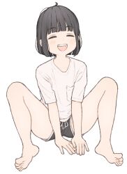 Rule 34 | 1girl, 1ssakawaguchi, ^ ^, absurdres, barefoot, black hair, black shorts, blunt bangs, breast pocket, closed eyes, commentary request, drawstring, facing viewer, feet, full body, highres, ichika (1ssakawaguchi), knees up, legs, m legs, open mouth, original, paid reward available, pocket, shirt, short hair, short shorts, short sleeves, shorts, simple background, smile, soles, solo, teeth, toes, upper teeth only, white background, white shirt