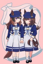 Rule 34 | 2girls, aged down, animal ears, black footwear, blue headwear, blue jacket, blush, bobby socks, brown hair, closed mouth, dress, ears through headwear, full body, hat, highres, holding hands, holding own tail, horse ears, horse girl, horse tail, jacket, long hair, long sleeves, looking at another, mary janes, multicolored hair, multiple girls, open mouth, panipuri, purple eyes, red eyes, shirt, shoes, sirius symboli (umamusume), socks, standing, streaked hair, symboli rudolf (umamusume), tail, umamusume, white dress, white shirt