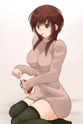 Rule 34 | 1girl, amagami, blush, breasts, brown eyes, brown hair, dress, food, ganganganso, gradient background, highres, large breasts, looking to the side, pocky, sakurai rihoko, simple background, sitting, solo, sweater, sweater dress, thighhighs, turtleneck