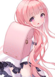 Rule 34 | 1girl, :d, backpack, bag, blush, chitosezaka suzu, commentary request, dress, frilled dress, frills, from behind, hakamada hinata, highres, long hair, looking at viewer, looking back, open mouth, pink hair, pleated dress, puffy short sleeves, puffy sleeves, purple eyes, randoseru, rou-kyuu-bu!, short sleeves, simple background, smile, solo, thighhighs, very long hair, white background, white dress, white thighhighs
