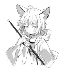 Rule 34 | 1girl, ahoge, animal ear fluff, animal ears, arknights, blush, closed mouth, commentary request, cropped torso, greyscale, highres, holding, hood, hood down, hooded jacket, jacket, long sleeves, looking at viewer, material growth, monochrome, na tarapisu153, oripathy lesion (arknights), shirt, simple background, sketch, solo, sussurro (arknights), upper body, white background, wide sleeves