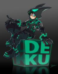 Rule 34 | 1boy, artist name, black background, bodysuit, boku no hero academia, boku no hero academia: world heroes&#039; mission, boots, closed mouth, commentary request, freckles, from side, full body, gloves, glowing, gradient background, green bodysuit, green eyes, green gloves, green hair, grey background, hand up, hood, hood up, hooded bodysuit, knee boots, looking at viewer, male focus, midoriya izuku, pero (pero56870578), sitting, smile, solo