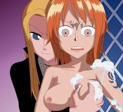 Rule 34 | 2girls, grabbing another&#039;s breast, breasts squeezed together, breasts, from behind, grabbing, highres, kalifa (one piece), multiple girls, nami (one piece), one piece, yuri