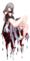 Rule 34 | 1girl, bare shoulders, barefoot, black dress, blood, blood on arm, blood on feet, blood on hands, blood on leg, broken, broken chain, chain, choker, clothes lift, colored skin, cuffs, dress, dress lift, dripping, extra arms, eyepatch, fingernails, frilled dress, frills, grey background, grey choker, grey hair, grey nails, grey skin, kageshio (276006), living clothes, long hair, looking at viewer, multicolored hair, nail polish, navel, nude, original, red eyes, red hair, shackles, sharp teeth, simple background, smile, solo, teeth