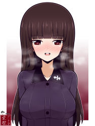 Rule 34 | 1girl, absurdres, aikazilla, alternate costume, artist logo, black eyes, black hair, blunt bangs, blush, breath, commentary, dress shirt, girls und panzer, gradient background, grey shirt, half-closed eyes, heart, heart-shaped pupils, highres, insignia, kuromorimine school uniform, long hair, long sleeves, looking at viewer, nishizumi shiho, open mouth, outside border, purple background, school uniform, shirt, smile, solo, straight hair, symbol-shaped pupils, upper body, wing collar