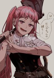 Rule 34 | 1girl, ascot, axe, battle axe, belt, blood, blood on clothes, blood on face, blunt bangs, breasts, breath, commentary request, female focus, fire emblem, fire emblem: three houses, garreg mach monastery uniform, grey background, hand up, head tilt, highres, hilda valentine goneril, holding, holding axe, holding weapon, large breasts, long hair, looking at viewer, matching hair/eyes, nintendo, open mouth, over shoulder, pink eyes, pink hair, shishima eichi, sidelocks, solo, speech bubble, sweatdrop, translation request, twintails, weapon, weapon over shoulder