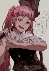 1girl ascot axe battle_axe belt blood blood_on_clothes blood_on_face blunt_bangs breasts breath commentary_request female_focus fire_emblem fire_emblem:_three_houses garreg_mach_monastery_uniform grey_background hand_up head_tilt highres hilda_valentine_goneril holding holding_axe holding_weapon large_breasts long_hair looking_at_viewer matching_hair/eyes nintendo open_mouth over_shoulder pink_eyes pink_hair shishima_eichi sidelocks solo speech_bubble sweatdrop translation_request twintails weapon weapon_over_shoulder