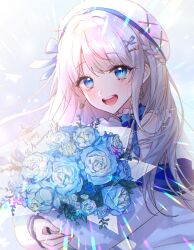 Rule 34 | 1girl, absurdres, beret, blue eyes, blue flower, blue rose, bouquet, bow, dress, earrings, flower, hair ornament, hairclip, hat, hat bow, highres, indie virtual youtuber, jewelry, long hair, nagino mashiro, nogikawa, open mouth, rose, smile, solo, virtual youtuber, white hair, white hat
