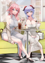 Rule 34 | absurdres, akchu, alternate costume, bag, bare shoulders, blue hair, breasts, cafe, cake, cake slice, cellphone, cleavage, collarbone, contemporary, covered collarbone, covered navel, cup, dongtan dress, dress, duplicate, food, full body, ganyu (genshin impact), genshin impact, glass, glass table, grey dress, grin, hair between eyes, handbag, high heels, highres, horns, ice cream, indoors, jewelry, large breasts, long dress, long hair, meme attire, necklace, parted lips, phone, pink hair, pink nails, pixel-perfect duplicate, purple eyes, purple nails, side slit, sideboob, sitting, sleeveless, sleeveless dress, smartphone, smile, soda, sundae, table, taut clothes, taut dress, turtleneck dress, white dress, yae miko