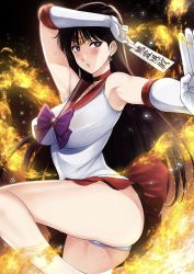 Rule 34 | 1girl, armpit lips, armpits, bare shoulders, bishoujo senshi sailor moon, breasts, cameltoe, censored, cowboy shot, curvy, elbow gloves, fire, gloves, highres, hino rei, large breasts, leg up, microskirt, panties, pantyshot, sailor mars, skirt, solo, standing, standing on one leg, sweat, thick thighs, thighs, underwear, upskirt, white gloves, white panties, xter, xtermination