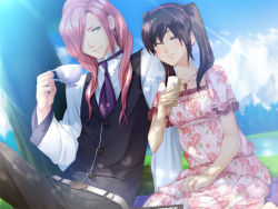 Rule 34 | 1boy, 1girl, artist request, belt, brown hair, casual, cup, darren, closed eyes, floral print, food, frilled sleeves, frills, gem, hairband, happy, jewelry, kago no naka no alicis, necklace, pearl (gemstone), red hair, sandwich, shade, short sleeves, sitting, smile, sumeragi runa, teacup, twintails, vest