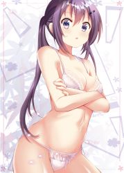 Rule 34 | 1girl, bare arms, bow, bow panties, bra, breasts, cleavage, collarbone, commentary request, crossed arms, gochuumon wa usagi desu ka?, hair between eyes, hair ornament, hairclip, highres, kohakugin, lace, lace-trimmed bra, lace trim, long hair, looking at viewer, navel, panties, parted lips, purple eyes, purple hair, small breasts, solo, standing, tedeza rize, twintails, underwear, underwear only, white bra, white panties