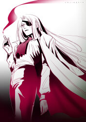 Rule 34 | 1girl, absurdres, artist name, ascot, breasts, cigar, coat, coat on shoulders, eyepatch, from below, frown, glasses, gloves, hellsing, highres, holding, holding cigar, integra hellsing, limited palette, long hair, red ascot, small breasts, smoke, solo, toshimichi yukari