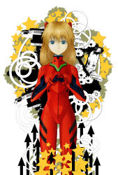 Rule 34 | 1girl, arrow (symbol), blue eyes, bodysuit, bracer, building, circle, clenched hands, flat chest, flower, gloves, hair ornament, hands on own chest, highres, light brown hair, long hair, looking at viewer, mushroom, neon genesis evangelion, own hands together, pilot suit, plugsuit, red hair, skinny, skyscraper, smile, solo, souryuu asuka langley, standing, star (symbol), turtleneck